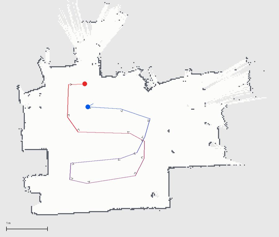 Occupancy map with a planned serpentine route of 17 waypoints from a blue start dot to a red end dot