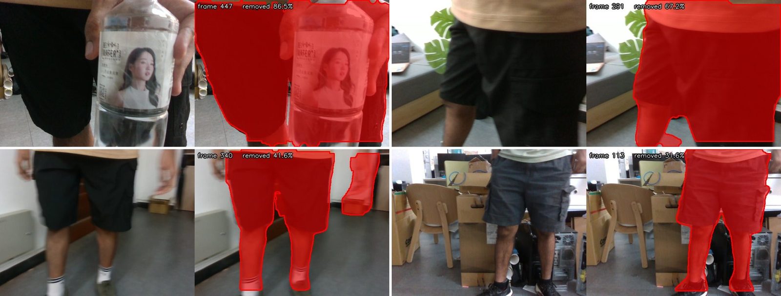 Four pairs of camera frames: raw frame on the left, the same frame with the person and a carried bottle covered by a red removal mask on the right