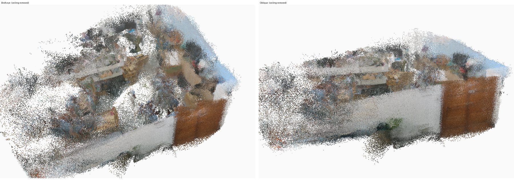 Two views of a coloured 3D point-cloud map of a lab room with the ceiling removed